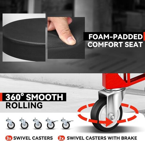Auto Dynasty Rolling Mechanic Stool, Height Adjustable Heavy Duty Roller Creeper Garage Shop Seat with Padded Seat for Workshop Auto Repair, 300 LBS Capacity, Red in Saudi Arabia