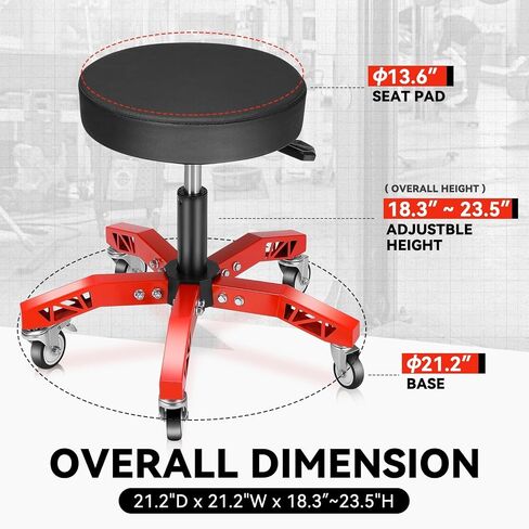 Auto Dynasty Rolling Mechanic Stool, Height Adjustable Heavy Duty Roller Creeper Garage Shop Seat with Padded Seat for Workshop Auto Repair, 300 LBS Capacity, Red in Saudi Arabia