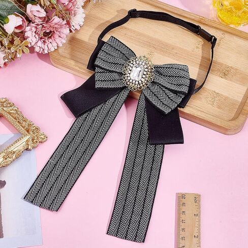 1pc ربطة عنق سوداء مخططة القوس قابلة للتعديل Rhinestone Bowtie Fashion Ribbon Ribbon Tie قبل ربط علاقات المرأة المربوطة للنساء للنساء موحد Cosplay Office Office Oper in Saudi Arabia