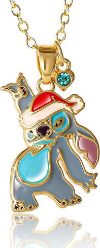 Disney Stitch Necklace for Women 16"+2" Official License, Silver Flash Plated Leaf Stitch Pendant Necklace in Saudi Arabia