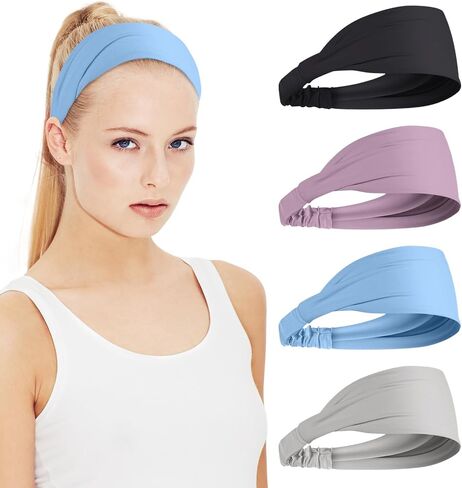 Wide Headbands for Women Non Slip Cooling Sweat Band Athletic Thick Stretchy Head Bands for Women's Hair Sport Headbands for Yoga Gym Running 4 Pack in Saudi Arabia