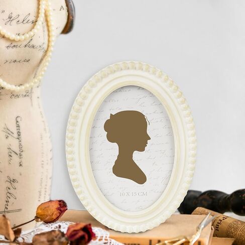 Sunlit Vintage Picture Frame 5x7 Inch with Beaded Border, Oval Luxury Antique Photo Frames with Glass Front, Boho Photo Display, Tabletop Wall Hanging, Gift Idea, Distressed White in Kuwait