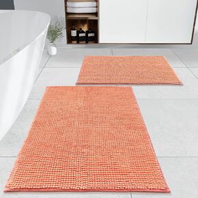 Cosyroom Chenille Bathroom Rug Mat Non Slip Extra Absorbent and Soft Bath Mats for Bathroom Floor Mats Shaggy Bath Rugs for Tub, Shower Washable, Set of 2 (Coral Orange, 31"x20" + 24"x16")