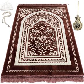 Modefa Turkish Islamic Velvet Prayer Rug - Thick Wide Soft Prayer Carpet - Men & Women - Large Prayer Mat - Eid & Ramadan Gift - with Kufi Cap Beads & Car Hanger - Double Plush Floral Black
