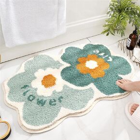 32''x19'' Green Flower Shaped Bath Rug,Non-Slip Water Absorbent Bathroom Rug Mat,Cute Machine Washable for Bathroom,Kids Bedroom,Small Floral Soft and Fluffy Bath Mat