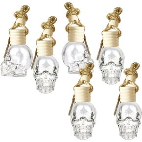 6 PCS MINI Cute Skull Glass Bottle with Suspended Wooden Cover and Plastic Dropper,Car Air Freshener Perfume Bottle,Empty DIY Bottle Ornaments(Black-Skull Glass Bottle)