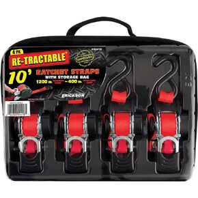 Erickson 04418 Pro Series Red 1" x 10' Retractable Ratcheting Tie-Down Strap, (Storage Bag of 4, 1200 lb Load Capacity)