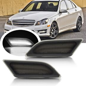 NJSBYL Smoke Lens White Full LED Front Side Marker Light Kit for 2012 2013 2014 Mercedes Benz Pre-LCI W204 LCI C250 C300 C350 C63 AMG Coupe Base Sedan 4-Door OEM Side Marker Lamps Replacement