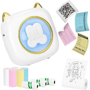 Thermal Mini Printer with RGB Light - Portable Wireless Pocket Bluetooth Inkless Photo Printer for iOS Android Mobile Phone, for Students, Lovers, Friends, Family,9 Rolls Thermal Paper
