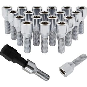 Wheel Accessories Parts Set of 20 Chrome 12x1.5 Socket Tuner Lug Bolts Cone Seat Acorn 8 Point Tuner 24mm Shank Length Small Diameter Wheel Lug Bolts with Dual Hex Key (20, Chrome, M12x1.5)