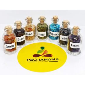 Pachamama Essentials 7pcs Mini Glass Wishing Bottles Tumbled Gemstone Crystal Chips Healing Reiki Stones Set Chakra Stones Set