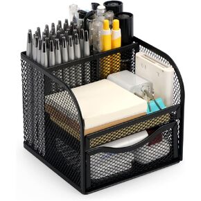 Mesh Desk Organizer, Metal Desk Pencil Pen holder for desk, Desktop Storage Pen Organizers, Office organization Home Art Supply Storage Box Multi-functional Caddy (Black)