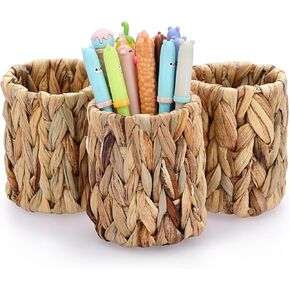 BTSKY 3 Pack Water Hyacinth Pencil Holder, Handmade Wicker Pen Cup Makeup Brushes Holder, Pen Pencil Cup Organizer Chic Woven Desktop Accessories Pen Container Box for Office Home Desktop, Square
