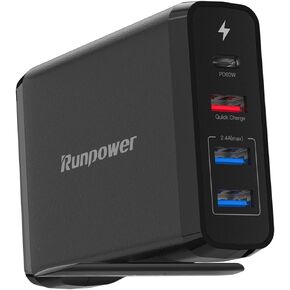 USB C Charger Runpower 90W 4-Port Fast Charger with 60W & 18W Quick Charge Ports and Dual USB A Ports 12W, USB C Wall Charger for MacBook Laptop, Phone, Tablet and More