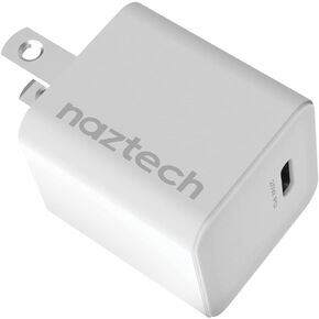 شاحن حائط سريع USB-C PD Naztech 20W صغير محمول ومدمج لتوصيل الطاقة متوافق مع iPhone 15/14/13 Galaxy S24/S22/S23 والمزيد [أبيض]