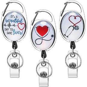 Xoqo Heavy Duty Retractable with Carabiner Badge Reel, Crystal Glass Badge Holder with Belt Clip and Key Ring, Badge Holders for Office Worker Doctor Nurse 3 PACK (Heartbeat and Stethoscope)