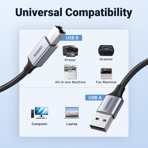 كابل طابعة UGREEN، بطول 6 أقدام USB A إلى B، سلك ماسح ضوئي USB مجدول من النايلون متوافق مع Epson وCanon وHP وBrother وDell وSamsung وPiano وDAC وLexmark وXerox والمزيد in Kuwait