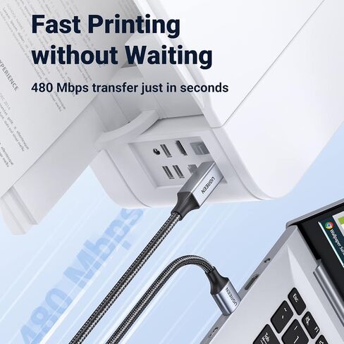 كابل طابعة UGREEN، بطول 6 أقدام USB A إلى B، سلك ماسح ضوئي USB مجدول من النايلون متوافق مع Epson وCanon وHP وBrother وDell وSamsung وPiano وDAC وLexmark وXerox والمزيد in Kuwait