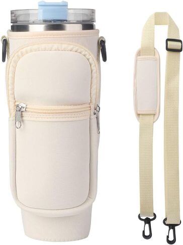 Water Bottle Carrier Bag with Handle For Stanley Tumbler 30/40oz, Bottle Pouch Holder with Adjustable Strap& Phone Pocket For Hiking Travelling Camping，Stanley Cup Accessories(Apricot) in Saudi Arabia