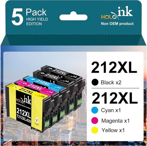 خراطيش حبر 212XL مُعاد تصنيعها لخراطيش حبر Epson 212 T212 T212XL لطابعة XP-4105 XP-4100 WF-2830 WF-2850 (2 أسود سماوي أرجواني أصفر، 5 عبوات) in Saudi Arabia