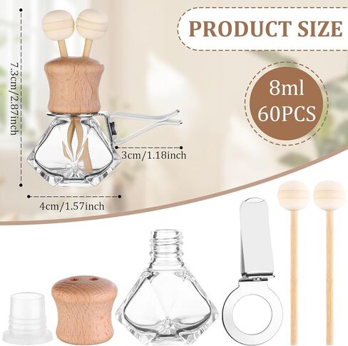 60Pcs 8ml Car Air Freshener Bottle Diffuser Empty Clear Glass Essential Diffuser Oil Aromatherapy Fragrance Perfume Pendant Glass Vials with Vent Clip Wooden Caps Stick Fragrance Ornament in Saudi Arabia