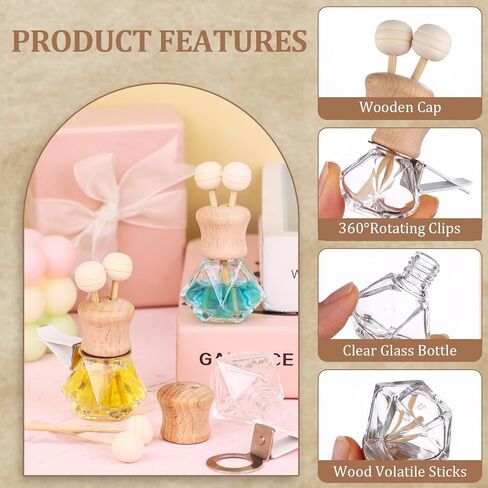 60Pcs 8ml Car Air Freshener Bottle Diffuser Empty Clear Glass Essential Diffuser Oil Aromatherapy Fragrance Perfume Pendant Glass Vials with Vent Clip Wooden Caps Stick Fragrance Ornament in Saudi Arabia