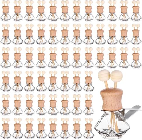 60Pcs 8ml Car Air Freshener Bottle Diffuser Empty Clear Glass Essential Diffuser Oil Aromatherapy Fragrance Perfume Pendant Glass Vials with Vent Clip Wooden Caps Stick Fragrance Ornament in Saudi Arabia
