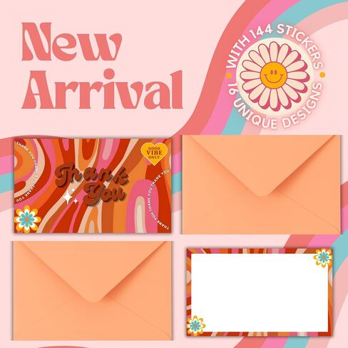 Pack of 100 3x5 Inch Groovy Thank You Cards with Envelopes, Thank You Cards with 100 Envelopes and Groovy Stickers, Card stock Thank You Card, Thank You Cards Small Business, Cards and Envelopes in Saudi Arabia