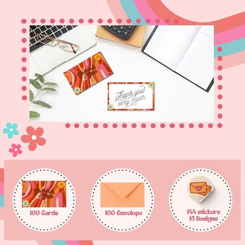 Pack of 100 3x5 Inch Groovy Thank You Cards with Envelopes, Thank You Cards with 100 Envelopes and Groovy Stickers, Card stock Thank You Card, Thank You Cards Small Business, Cards and Envelopes in Saudi Arabia