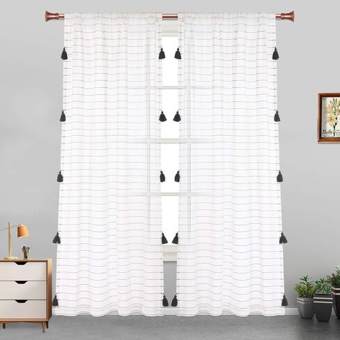 LORDTEX Handmade Tassels Sheer Curtains for Bedroom - Textured Faux Linen Curtains, Belgian Linen Light Filtering Back Tab and Rod Pocket Drapes for Living Room, 2 Panels, 52 x 54 inch, Blush in Saudi Arabia