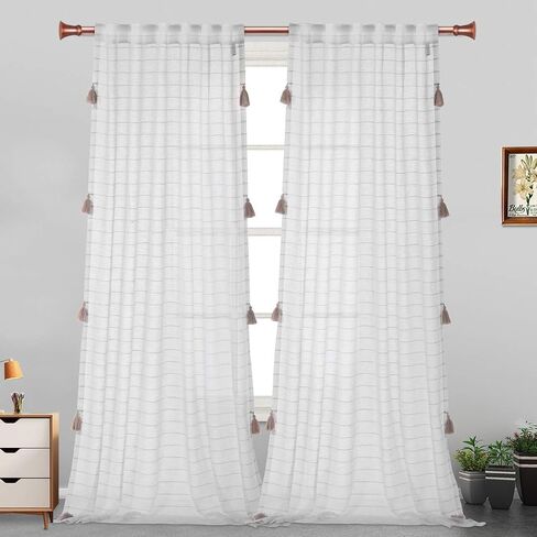 LORDTEX Handmade Tassels Sheer Curtains for Bedroom - Textured Faux Linen Curtains, Belgian Linen Light Filtering Back Tab and Rod Pocket Drapes for Living Room, 2 Panels, 52 x 54 inch, Blush in Saudi Arabia