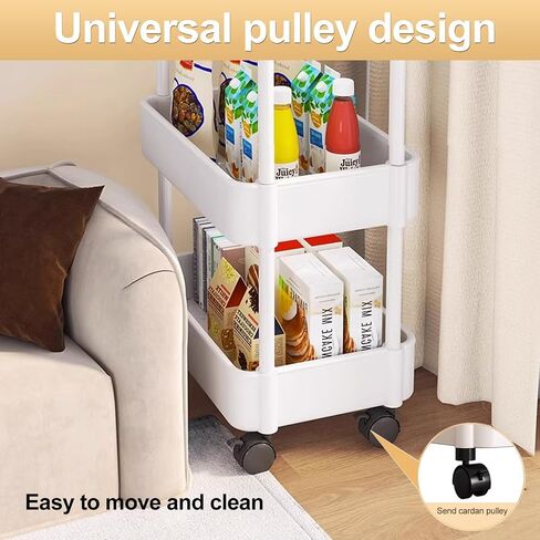عربة دوارة بلاستيكية من 4 طبقات، عربة أدوات تنظيم تخزين المطبخ، عربات تخزين فنية بعجلات بلاستيكية بعجلات باللون الأبيض in Saudi Arabia