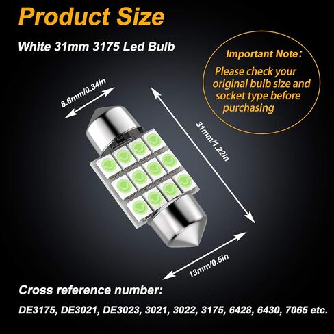 لمبة LED DE3175 من GIVEUBED، 31 مم 1.22 بوصة 3175 لمبة LED اكليل، لمبة LED فائقة السطوع DE3021 DE3022 مناسبة لأضواء قبة باب الخريطة الداخلية، حزمة من 6 قطع، أزرق in Kuwait