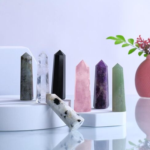 7 Pcs Crystal Tower Set - Crystal Wand - Healing Crystals Points - Rose Quartz - Clear Quartz - Lapis Lazuli - Chakra Wand Crystal Set - Reiki Supplies - Chakra Decor - Crystal Obelisk - Crystal Gifts in Kuwait