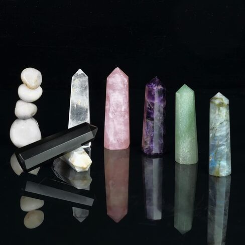 7 Pcs Crystal Tower Set - Crystal Wand - Healing Crystals Points - Rose Quartz - Clear Quartz - Lapis Lazuli - Chakra Wand Crystal Set - Reiki Supplies - Chakra Decor - Crystal Obelisk - Crystal Gifts in Kuwait