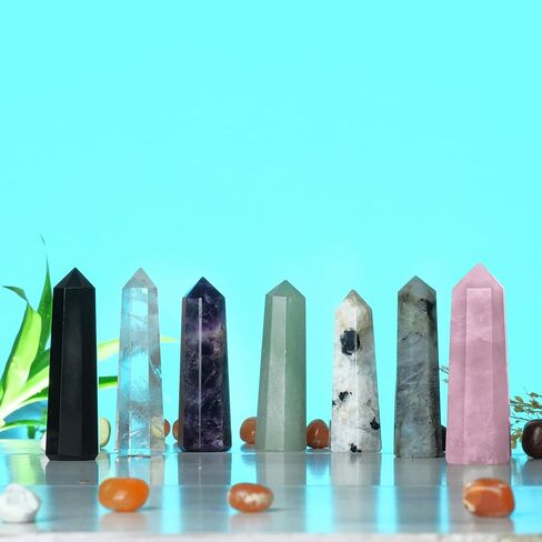 7 Pcs Crystal Tower Set - Crystal Wand - Healing Crystals Points - Rose Quartz - Clear Quartz - Lapis Lazuli - Chakra Wand Crystal Set - Reiki Supplies - Chakra Decor - Crystal Obelisk - Crystal Gifts in Kuwait