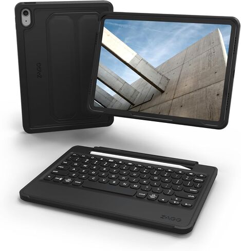 حافظة ZAGG Rugged Book iPad 10.9 بوصة (الجيل 10) - حافظة لوحة مفاتيح لاسلكية متينة، حماية من السقوط من الدرجة العسكرية، اقتران متعدد الأجهزة، لوحة مفاتيح بإضاءة خلفية قابلة للفصل، أسود in Saudi Arabia