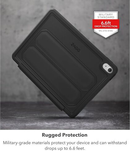 حافظة ZAGG Rugged Book iPad 10.9 بوصة (الجيل 10) - حافظة لوحة مفاتيح لاسلكية متينة، حماية من السقوط من الدرجة العسكرية، اقتران متعدد الأجهزة، لوحة مفاتيح بإضاءة خلفية قابلة للفصل، أسود in Saudi Arabia