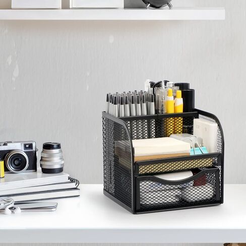 Mesh Desk Organizer, Metal Desk Pencil Pen holder for desk, Desktop Storage Pen Organizers, Office organization Home Art Supply Storage Box Multi-functional Caddy (Black) in Saudi Arabia