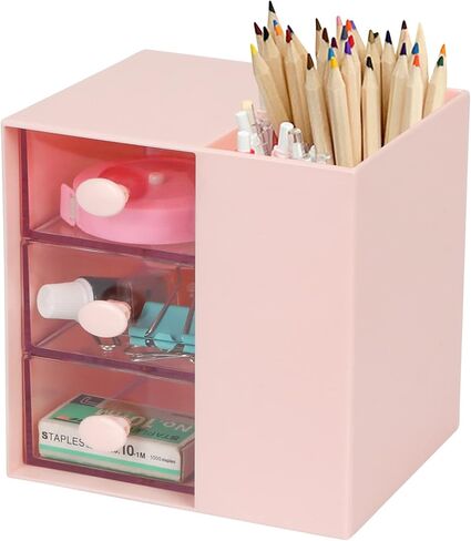Toplive Desk Pencil Pen Holder, Office Desk Organizers Desktop Storage Pen Organizers with 3 Independent Drawers Stationery Supplies for Office,School,Home,Pink in Saudi Arabia