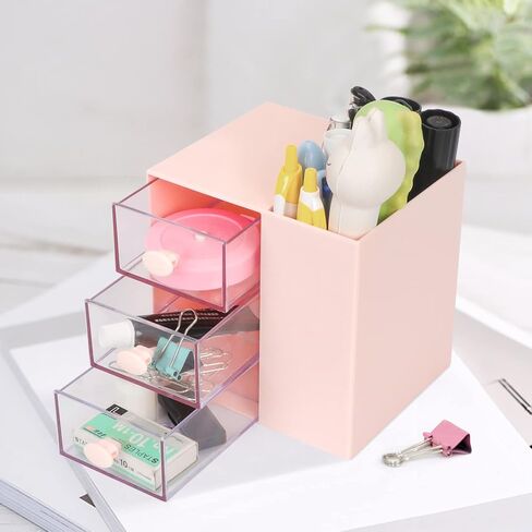 Toplive Desk Pencil Pen Holder, Office Desk Organizers Desktop Storage Pen Organizers with 3 Independent Drawers Stationery Supplies for Office,School,Home,Pink in Saudi Arabia
