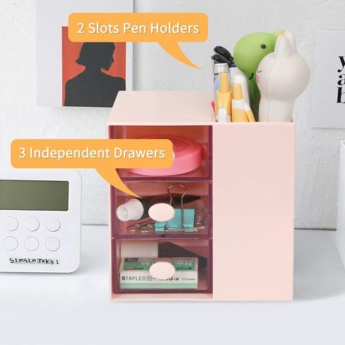 Toplive Desk Pencil Pen Holder, Office Desk Organizers Desktop Storage Pen Organizers with 3 Independent Drawers Stationery Supplies for Office,School,Home,Pink in Saudi Arabia