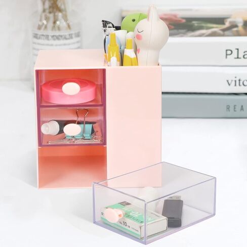 Toplive Desk Pencil Pen Holder, Office Desk Organizers Desktop Storage Pen Organizers with 3 Independent Drawers Stationery Supplies for Office,School,Home,Pink in Saudi Arabia