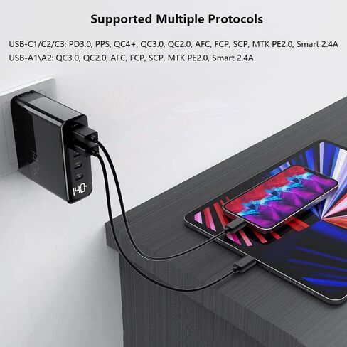 شاحن USB C بقوة 140 وات، محول طاقة شحن سريع CHIPOFY GaN بـ 5 منافذ LED PD 100W PPS 45W QC60W لأجهزة MacBook iPhone 14 Plus 13 12 Pro Max iPad Samsung Galaxy S22/S21 والمزيد in Kuwait