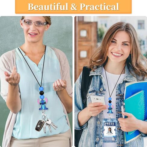 Teacher Lanyard for ID Badge Card, Cute Blue Women Men Beaded Breakaway Neck Lanyards Cartoon Name Tag Badges Holder Aesthetic Work Keys Accessories Gift in Kuwait
