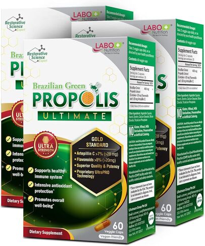 LABO Nutrition Brazilian Green Propolis Ultimate - Contains >7% or 28mg per Serving Artepillin C & >5% Flavonoids, for Immune & Brain Support, Natural, High Concentrate & Premium, 60 Veg Capsules in Kuwait