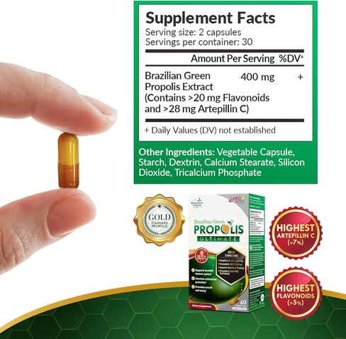 LABO Nutrition Brazilian Green Propolis Ultimate - Contains >7% or 28mg per Serving Artepillin C & >5% Flavonoids, for Immune & Brain Support, Natural, High Concentrate & Premium, 60 Veg Capsules in Kuwait