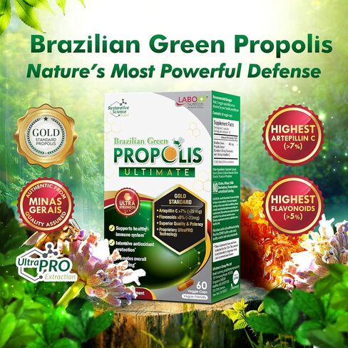 LABO Nutrition Brazilian Green Propolis Ultimate - Contains >7% or 28mg per Serving Artepillin C & >5% Flavonoids, for Immune & Brain Support, Natural, High Concentrate & Premium, 60 Veg Capsules in Kuwait
