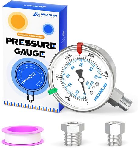 MEANLIN MEASURE 0~1000Psi Stainless Steel Liquid Filled Pressure Gauge 2.5" FACE DIAL 1/4" NPT for WOG Water Oil Air Back Mount with Stainless Steel Hex Bushing and Snaps in Kuwait