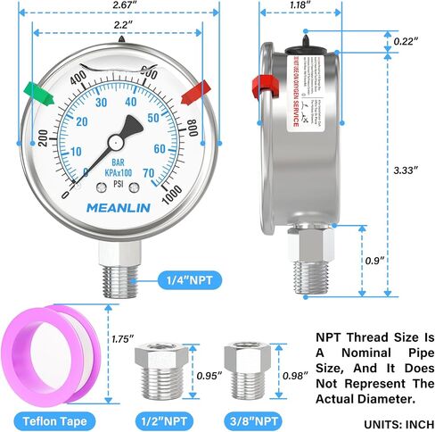 MEANLIN MEASURE 0~1000Psi Stainless Steel Liquid Filled Pressure Gauge 2.5" FACE DIAL 1/4" NPT for WOG Water Oil Air Back Mount with Stainless Steel Hex Bushing and Snaps in Kuwait
